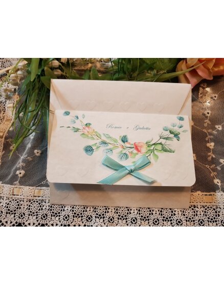 Invito Nozze carta pergamena perla con fiori tiffany