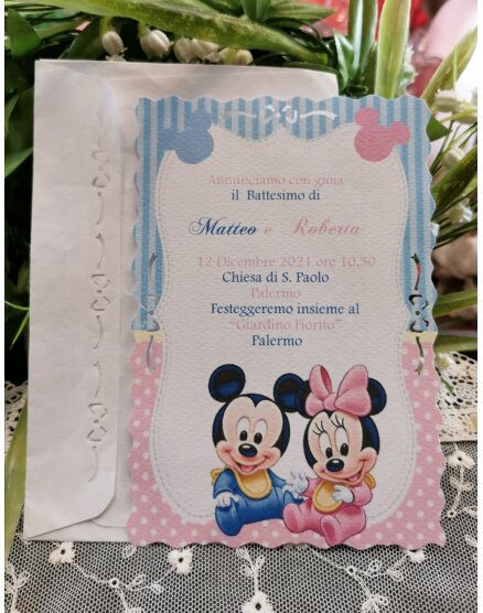 INVITO BATTESIMO GEMELLI MINNIE E TOPOLINO