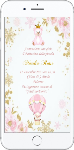 Invito Battesimo orsetta rosa